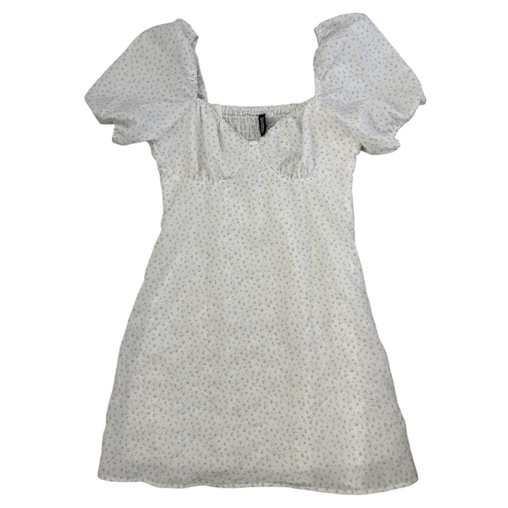 H&M White puff sleeve crepe sweetheart ditsy floral dress
